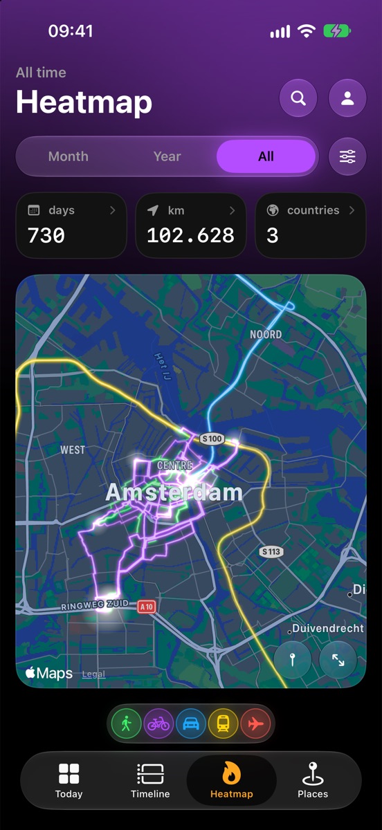 Heatmap of two years of routes through Amsterdam, glowing in their travel colours