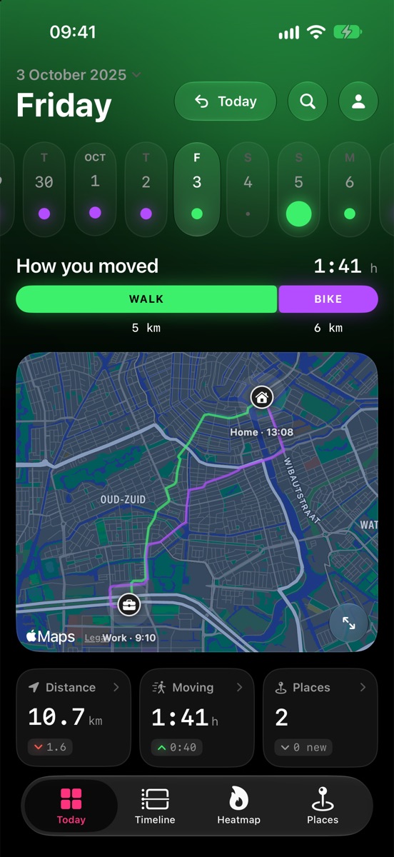 Leyline's Today screen: a day of walking and cycling across Amsterdam, between home and work, drawn on the map.