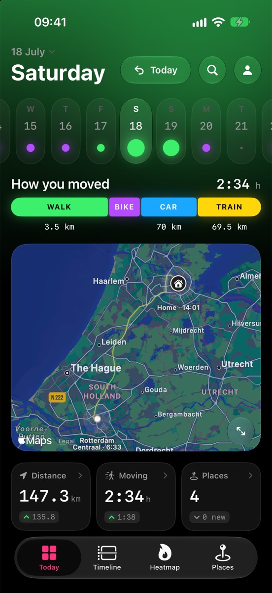 Today screen: a day with walking, cycling, driving and a train to Rotterdam